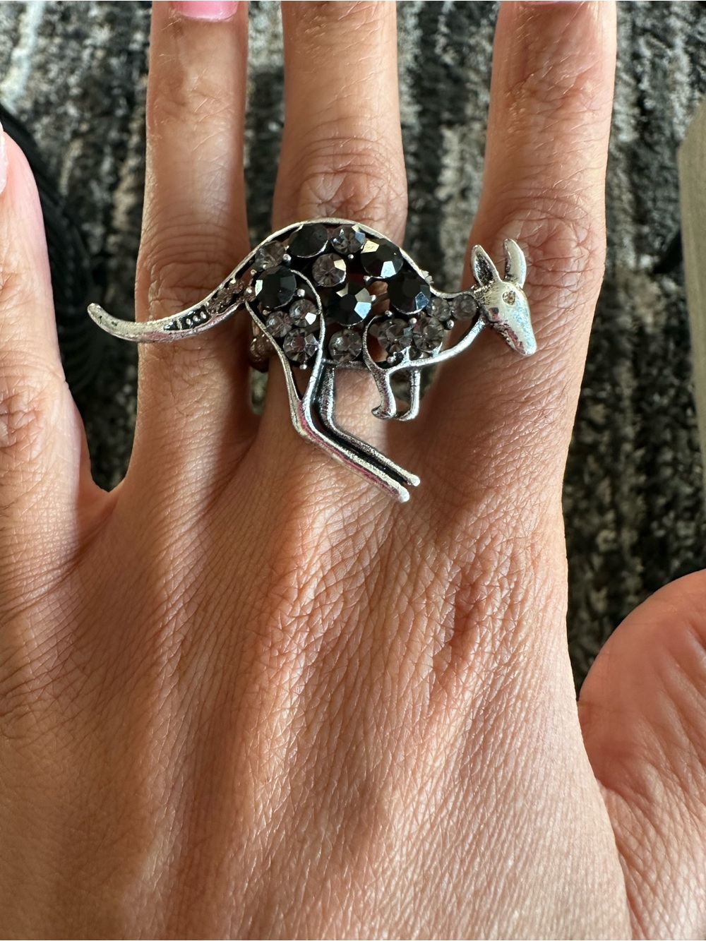 Silver Kangaroo Statement Ring with Black Crystals